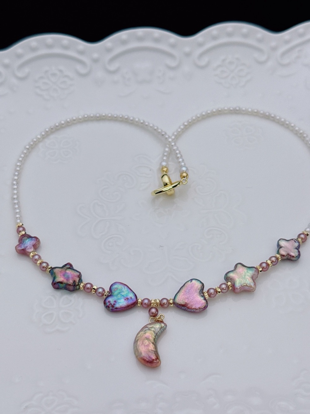 RL043 Handmade Premium Quality Freshwater Baroque Necklace Moon&Star 18” - Picture 9 of 16